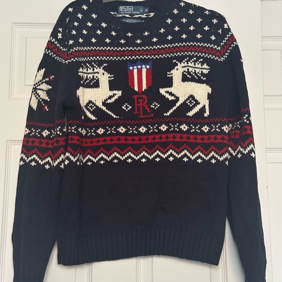 Vintage Polo by Ralph Lauren Men's Black Sweater Shield Design - Medium
